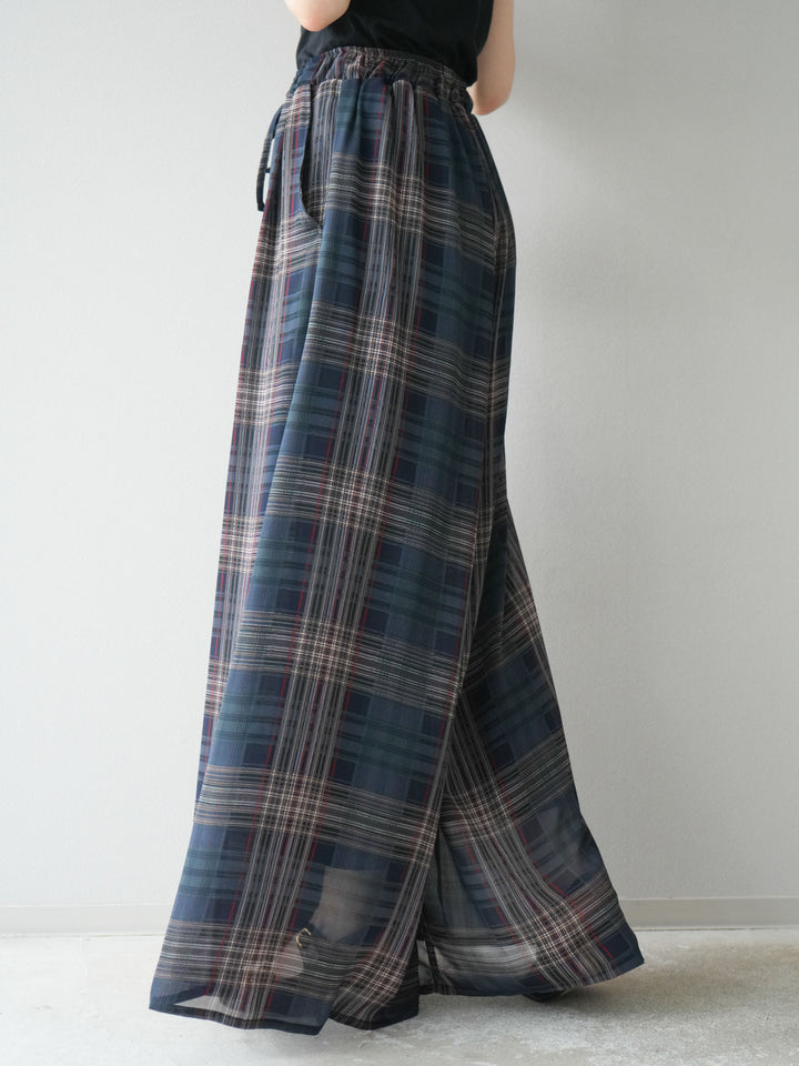 [預購] 透視格紋寬鬆褲/藏青色