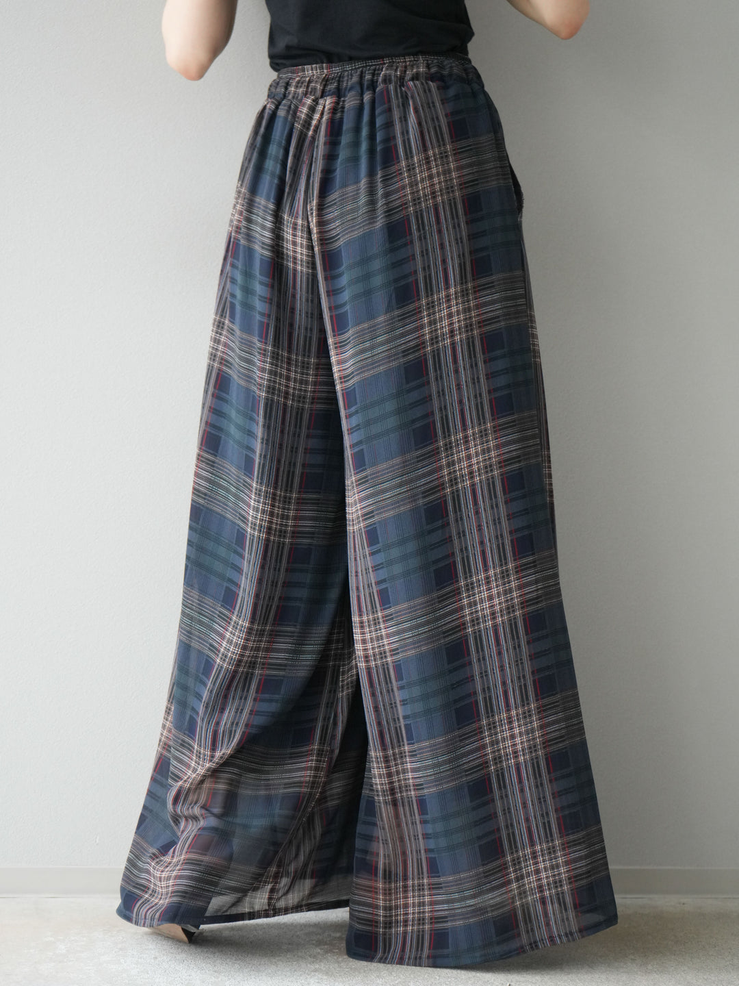 [預購] 透視格紋寬鬆褲/藏青色