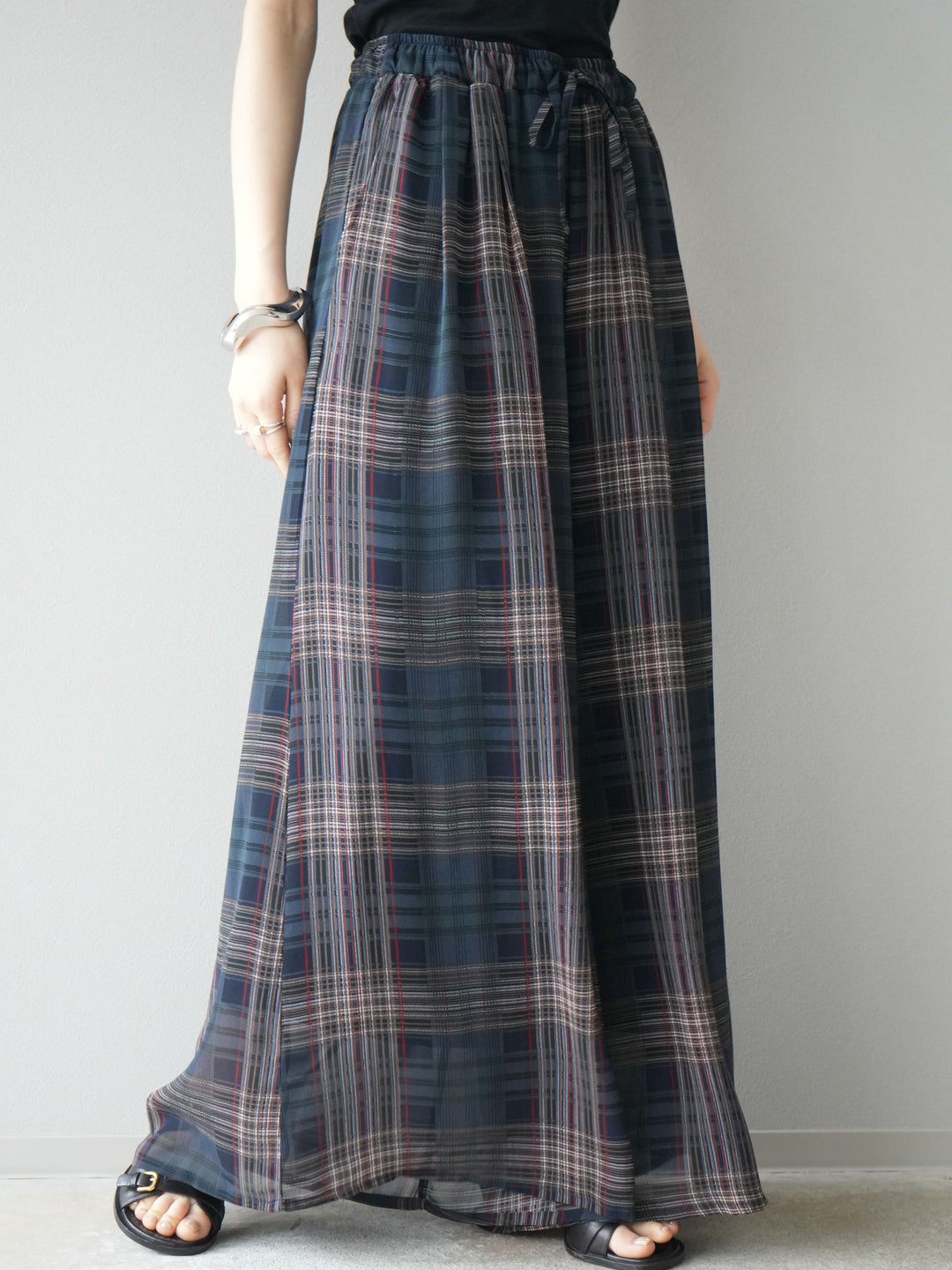 [預購] 透視格紋寬鬆褲/藏青色