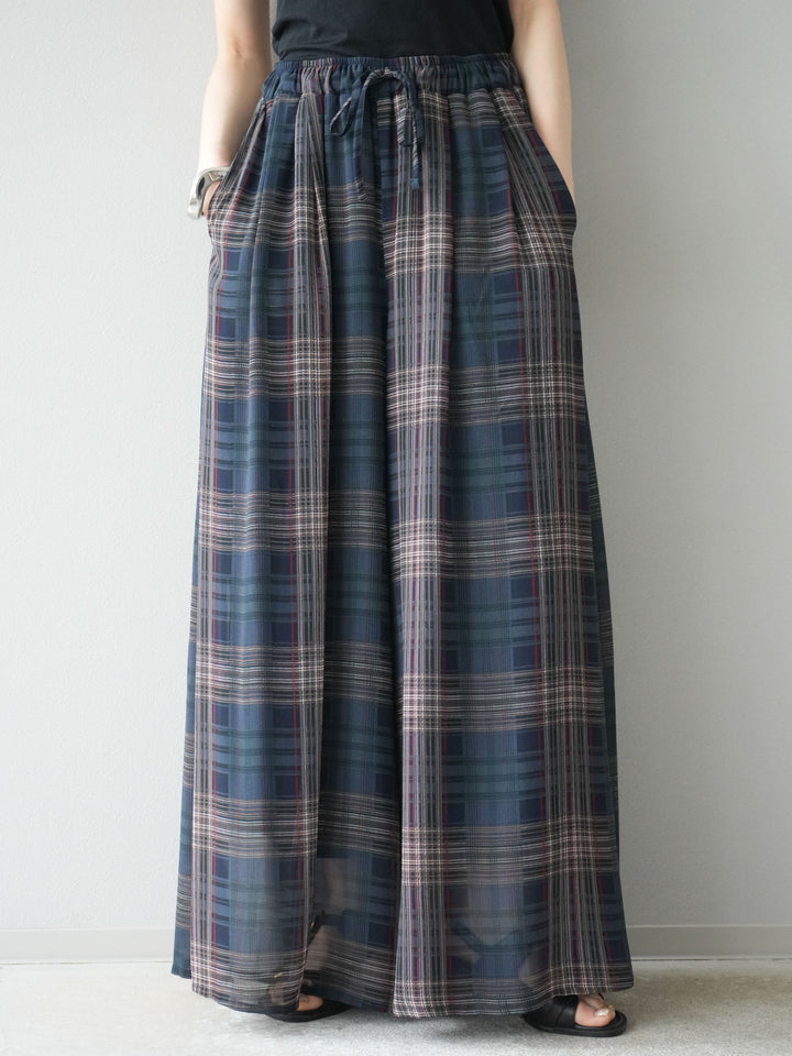 [預購] 透視格紋寬鬆褲/藏青色