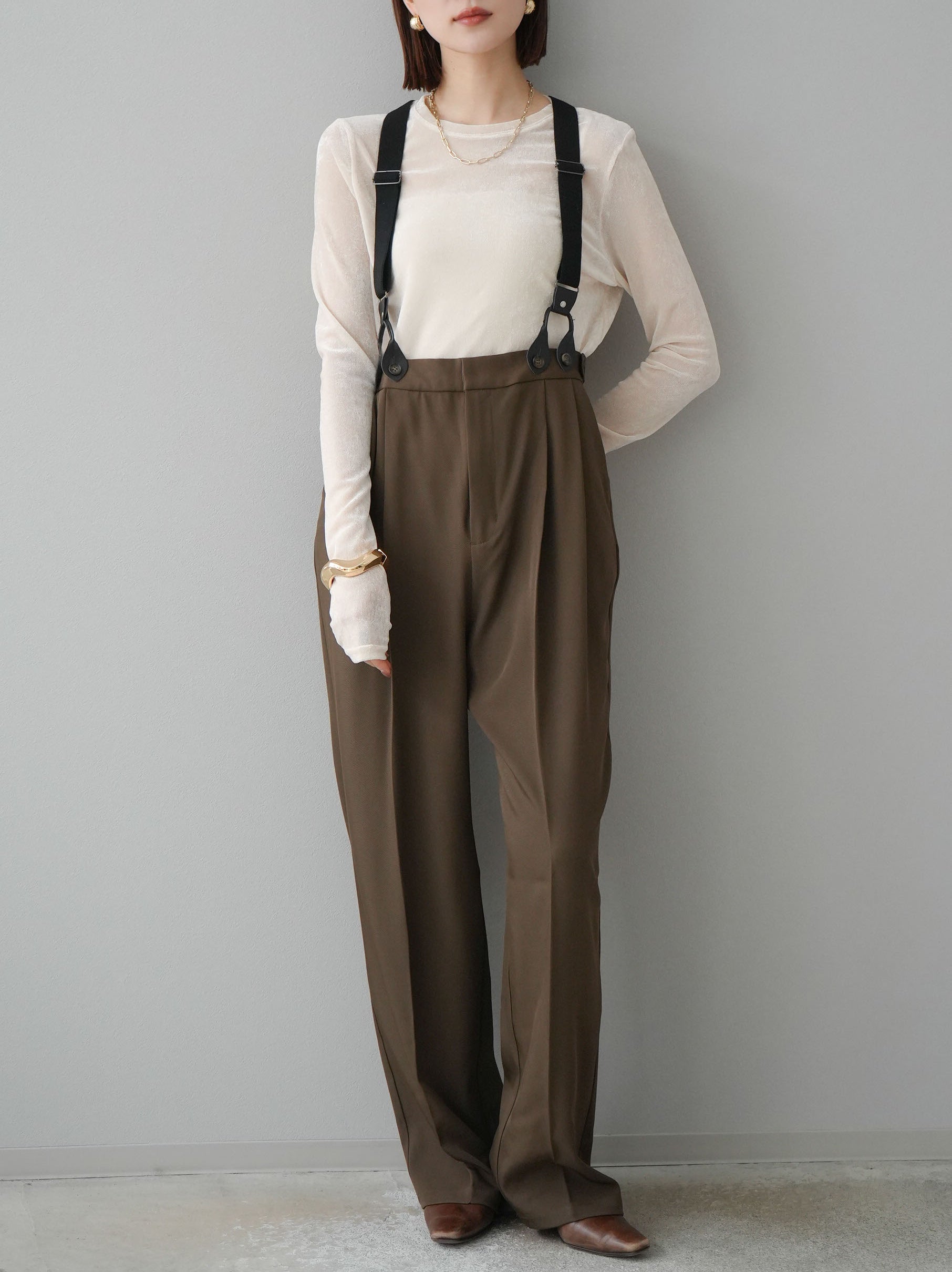 予約]サスペンダー付きツイルパンツ/カーキ – Lumier