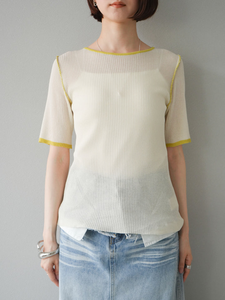 [予約]麻タッチ配色ニットハーフスリーブトップス/アイボリー