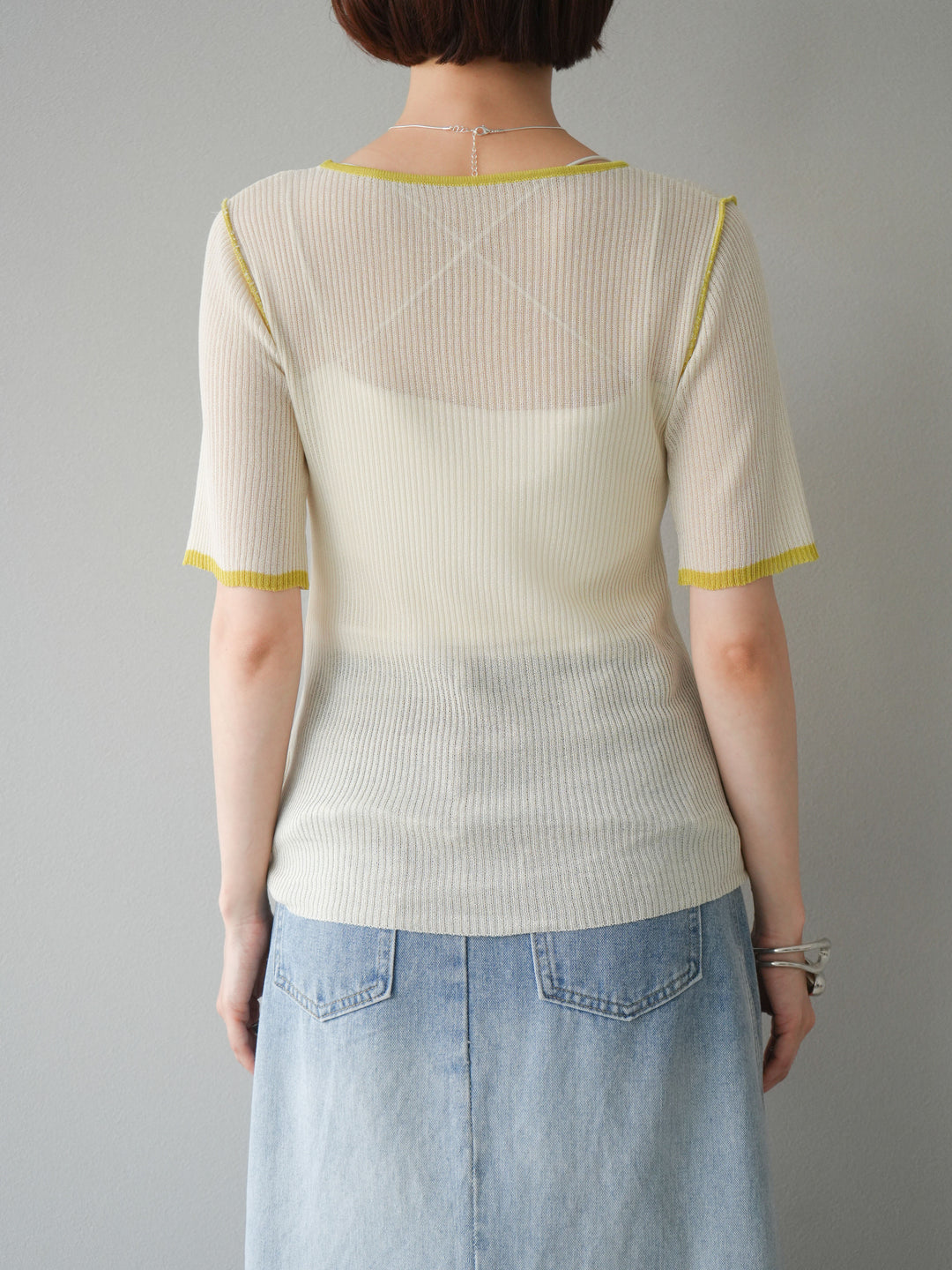 [予約]麻タッチ配色ニットハーフスリーブトップス/アイボリー