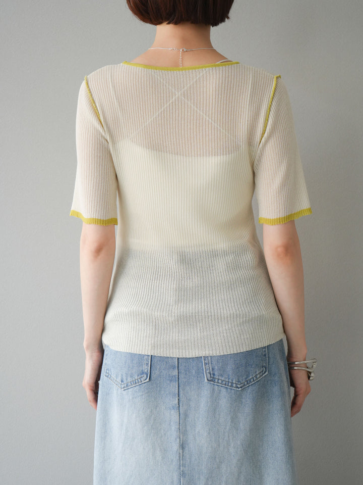 [予約]麻タッチ配色ニットハーフスリーブトップス/アイボリー