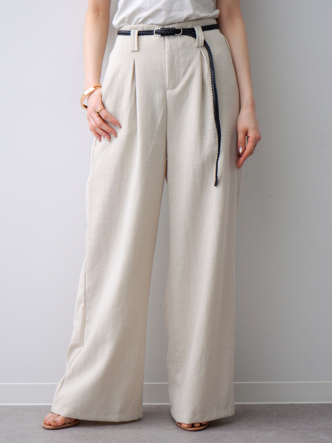 [予約]メッシュベルト付リネンライクパンツ/beige