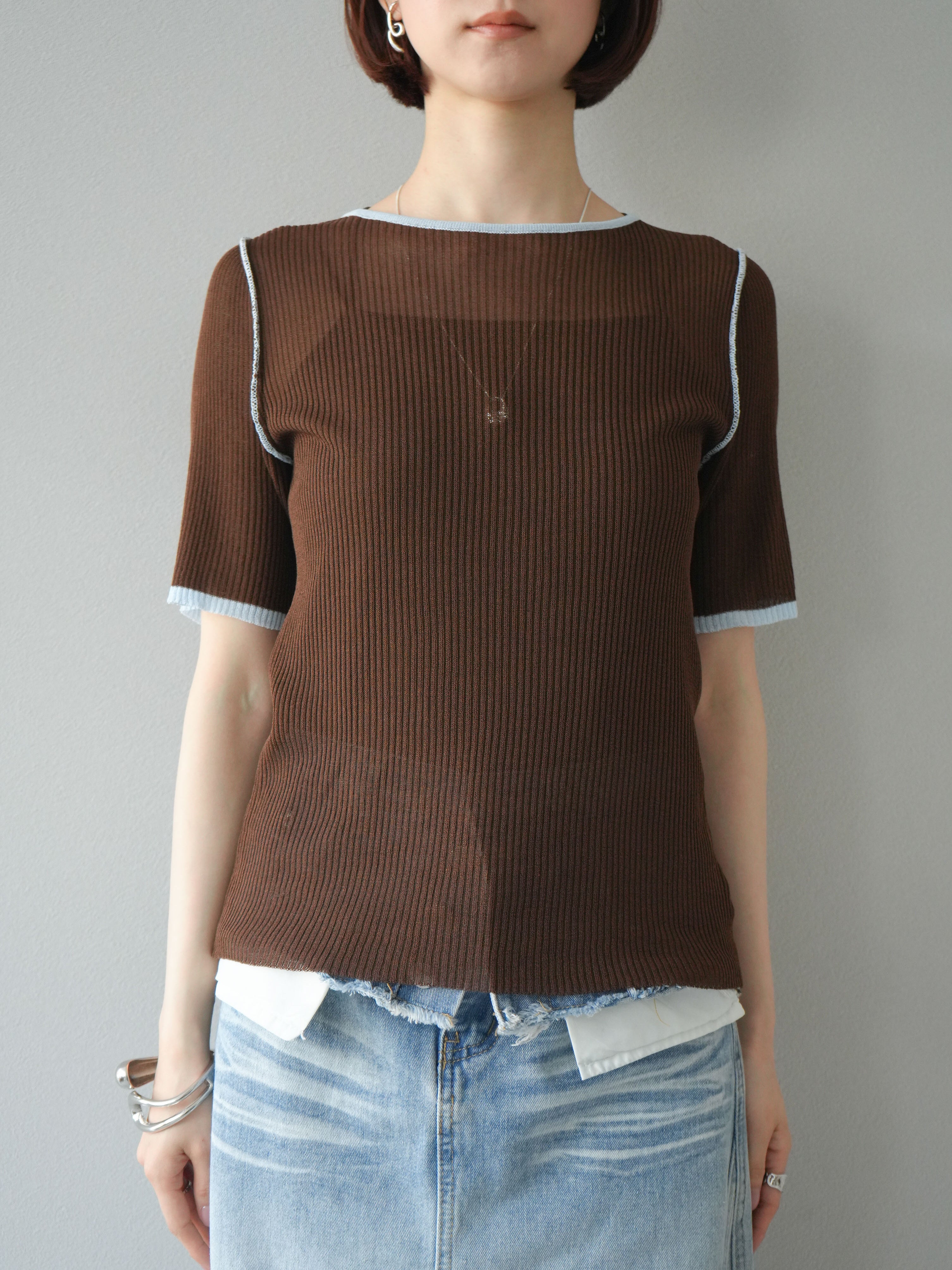 予約]麻タッチ配色ニットハーフスリーブトップス/ブラウン – Lumier