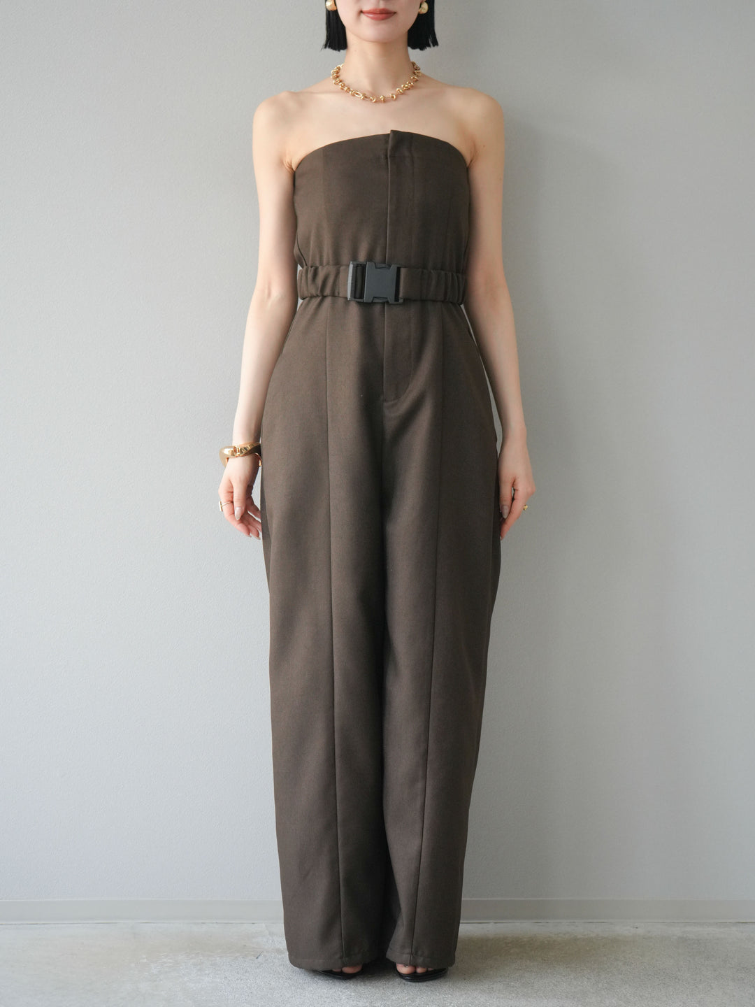 【預購】混色斜紋腰帶熊圖案工裝褲/棕色