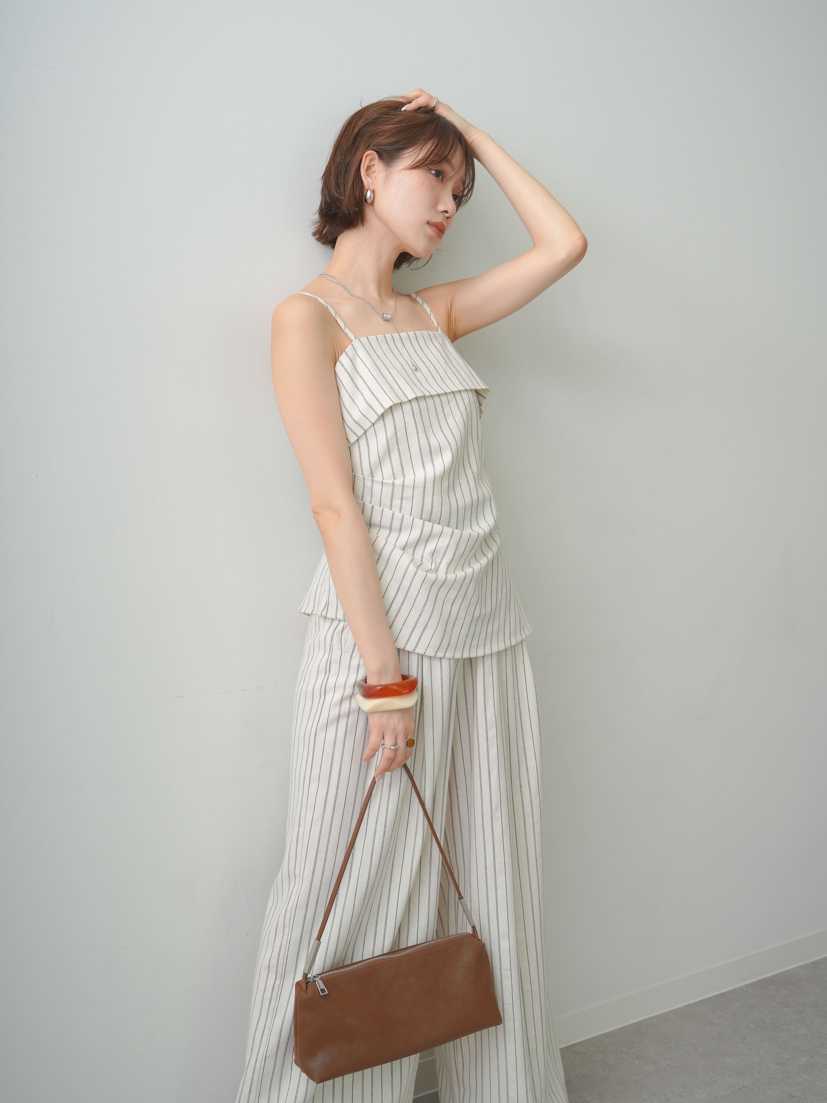 SET]ストライプアシメキャミソール+ストライプタックワイドパンツ(2set