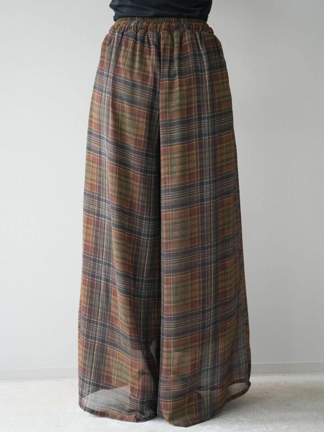 [預購] 透視格紋寬鬆褲/棕色