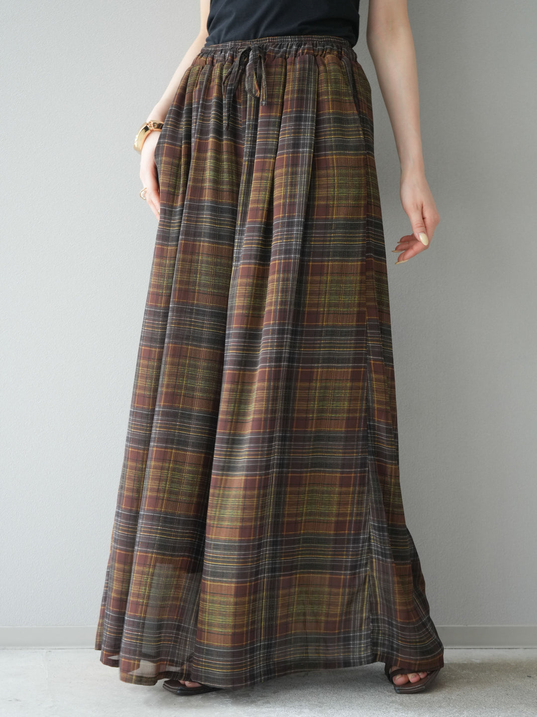 [預購] 透視格紋寬鬆褲/棕色