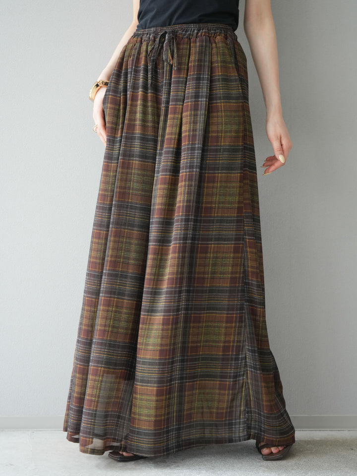 [預購] 透視格紋寬鬆褲/棕色