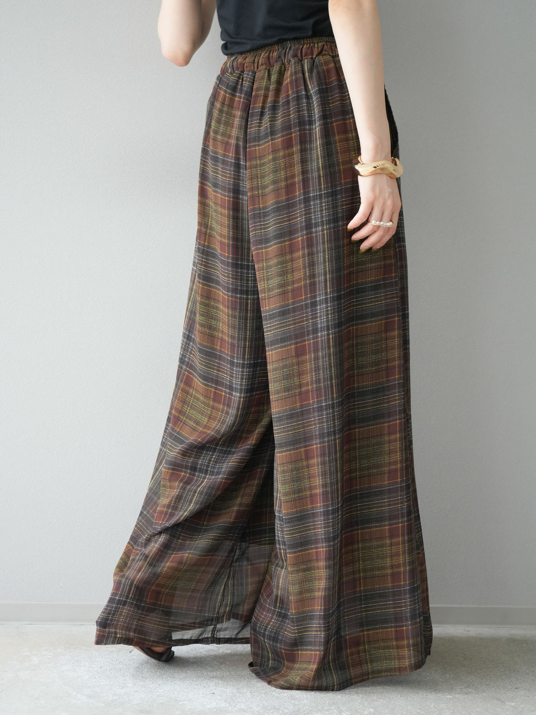 [預購] 透視格紋寬鬆褲/棕色