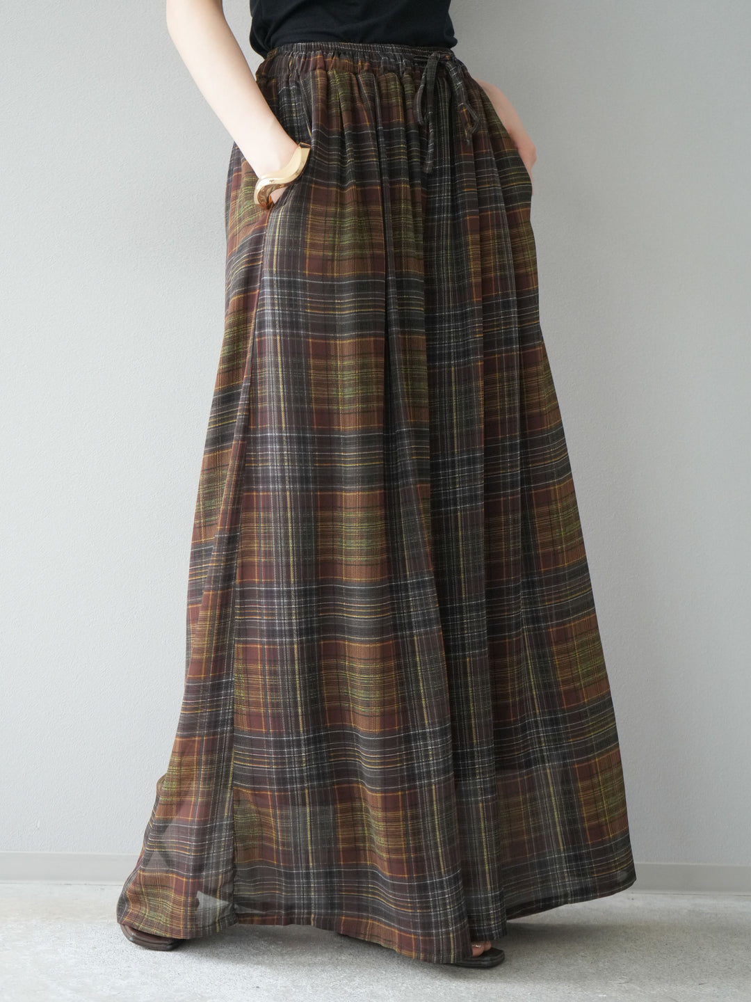 [預購] 透視格紋寬鬆褲/棕色