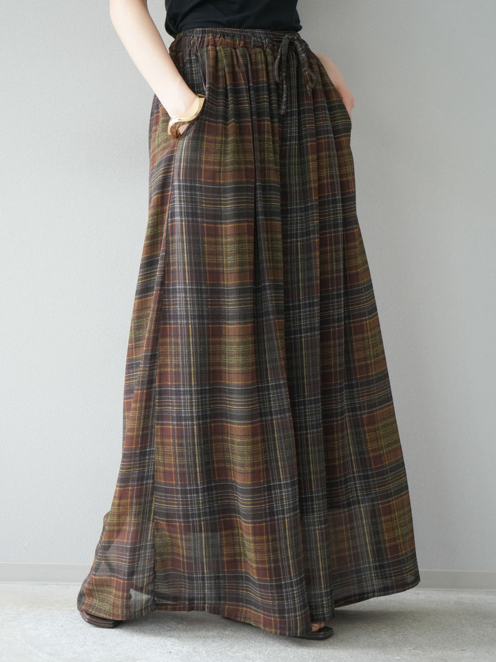 [預購] 透視格紋寬鬆褲/棕色