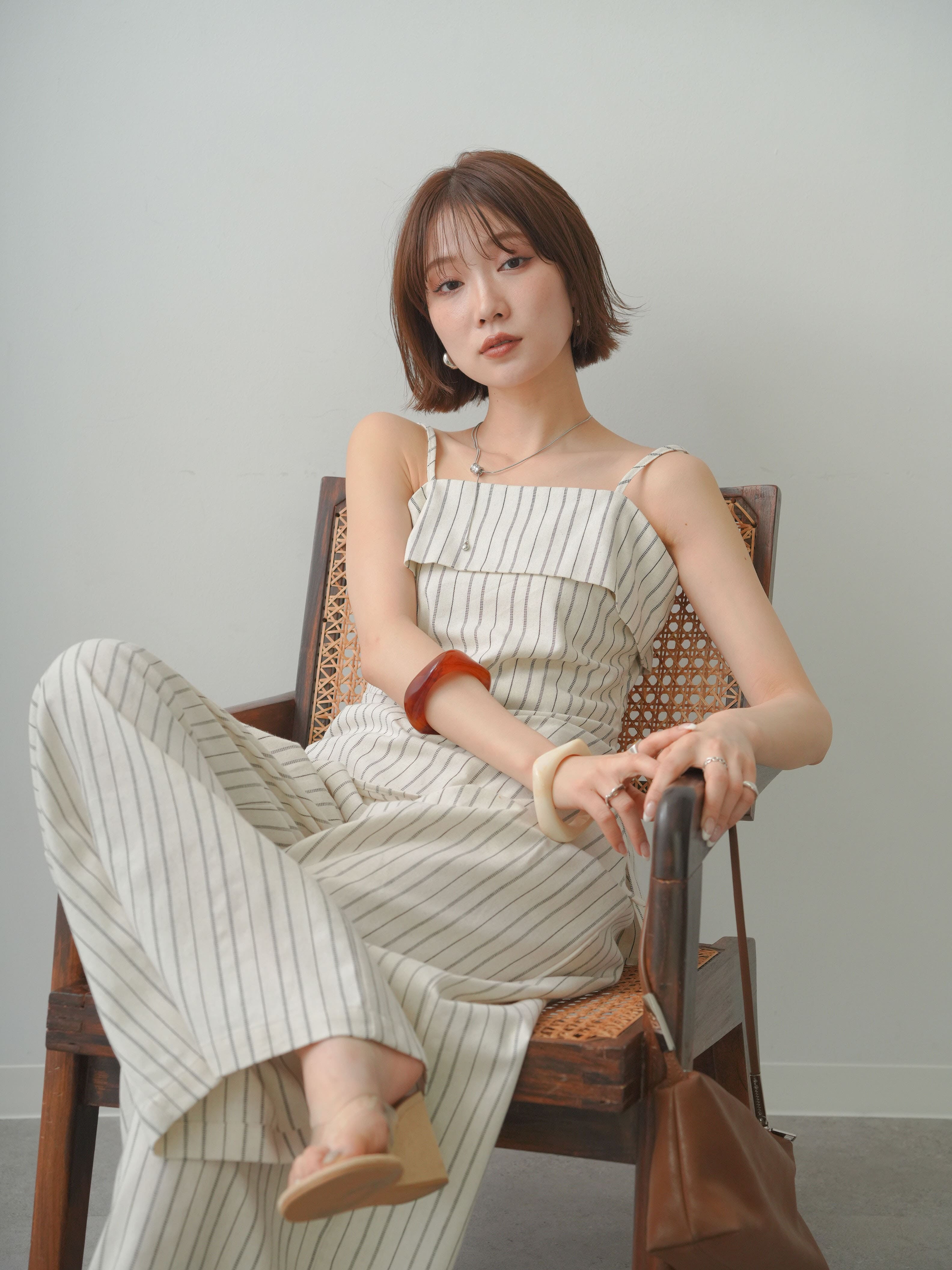 SET]ストライプアシメキャミソール+ストライプタックワイドパンツ(2set
