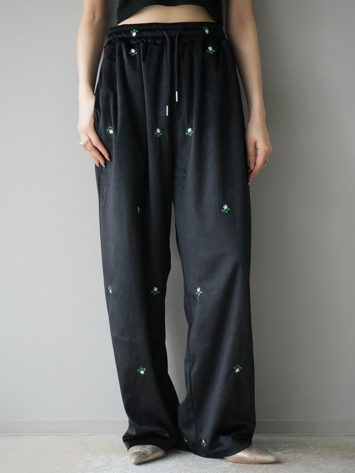 [予約]フラワー刺繍イージーパンツ/ブラック