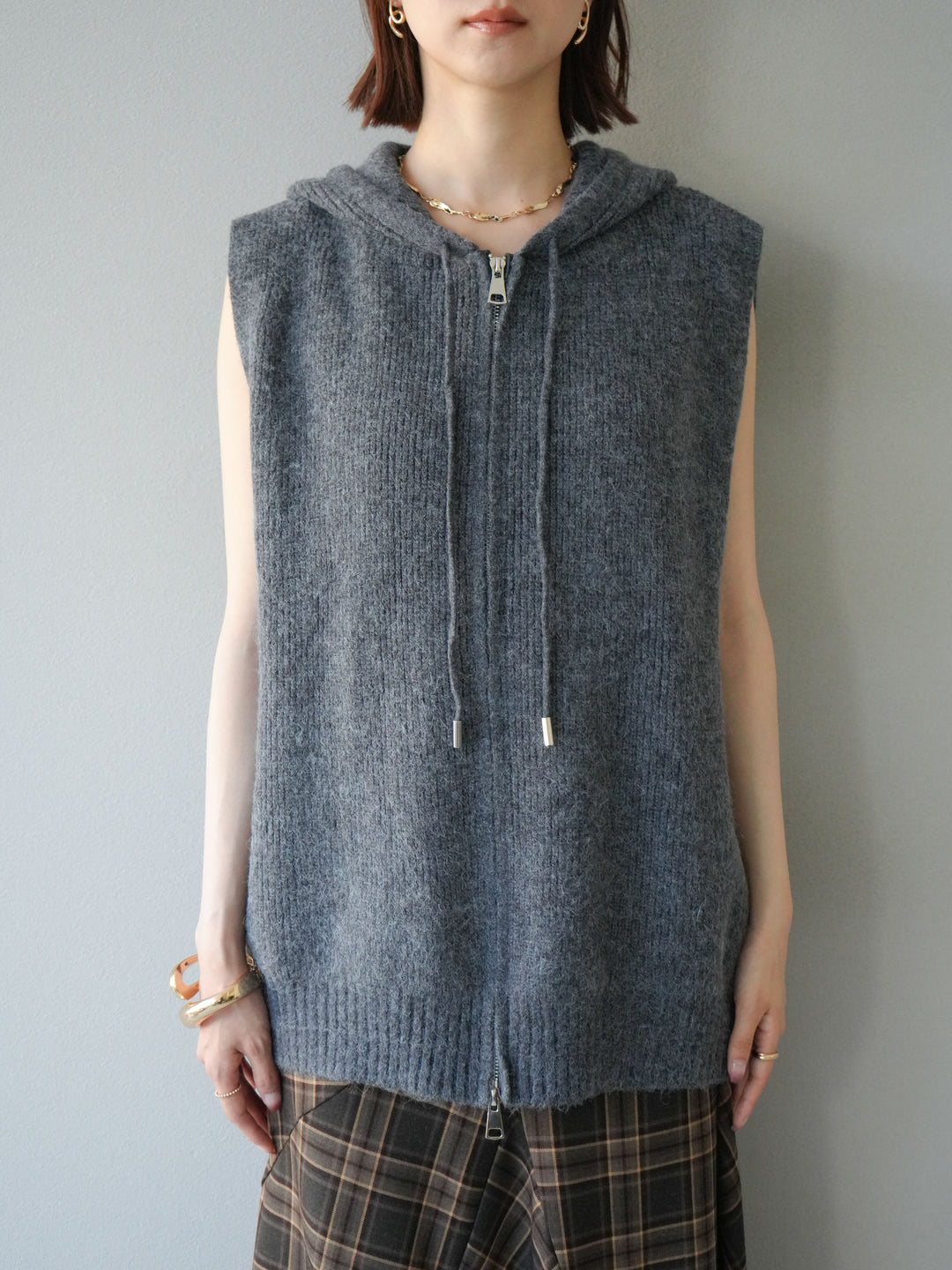 [予約]ノースリーブニットパーカー/グレー