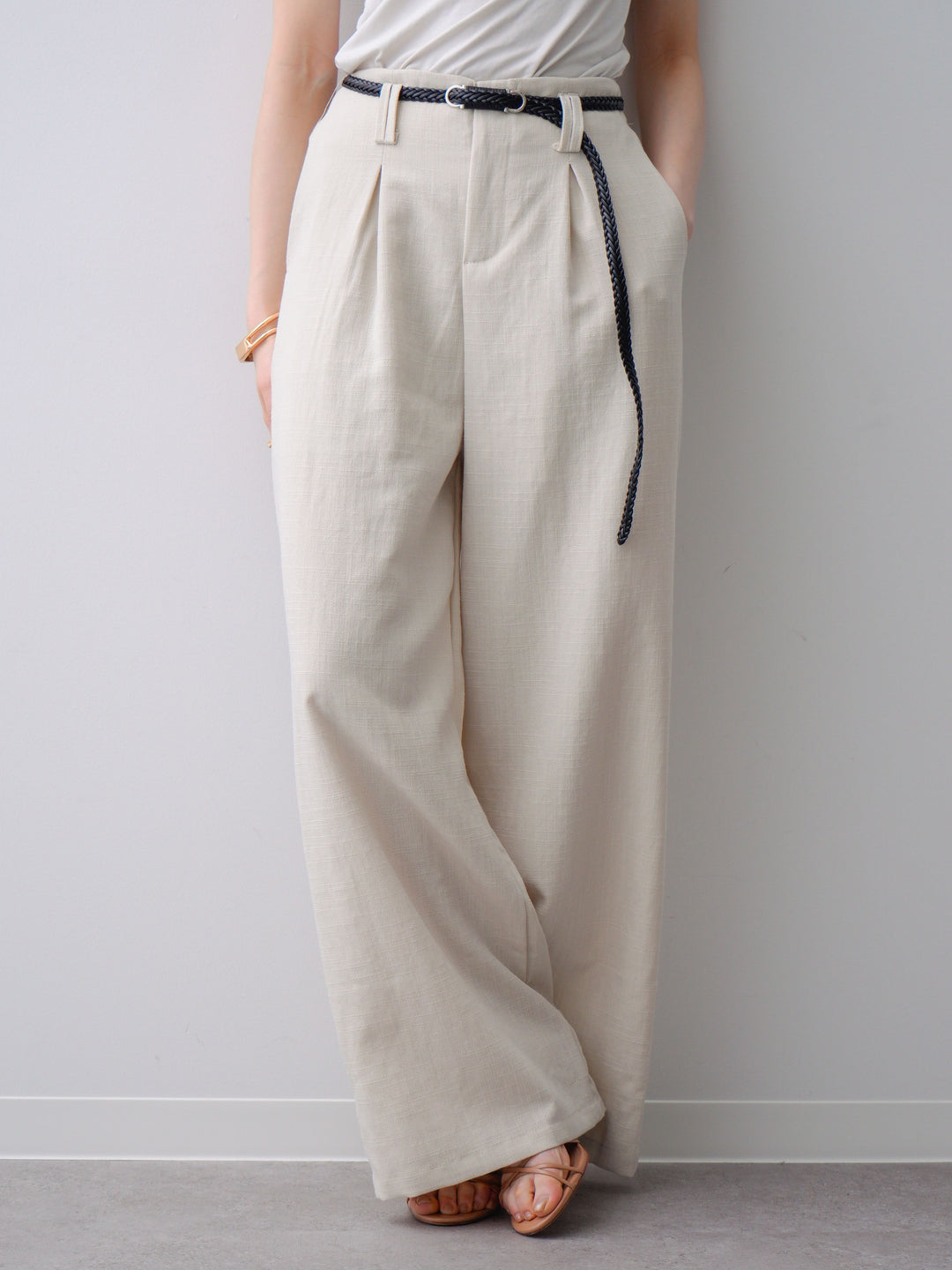 [予約]メッシュベルト付リネンライクパンツ/beige
