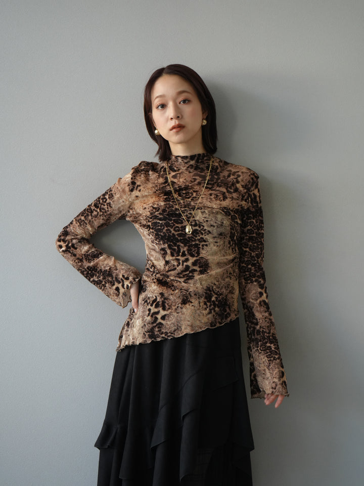 [予約]アシンメトリーアニマル柄シアートップス/ブラウン