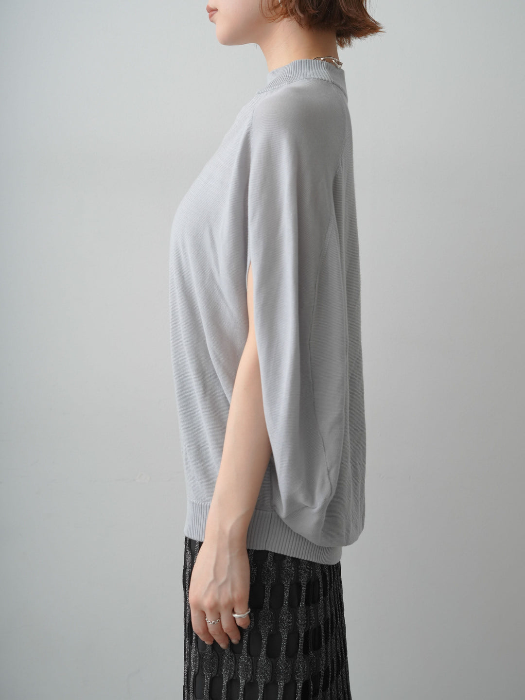 [予約]ボトルネックドロップショルダーニットトップス/grey