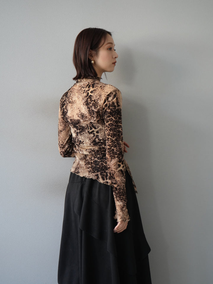 [予約]アシンメトリーアニマル柄シアートップス/ブラウン