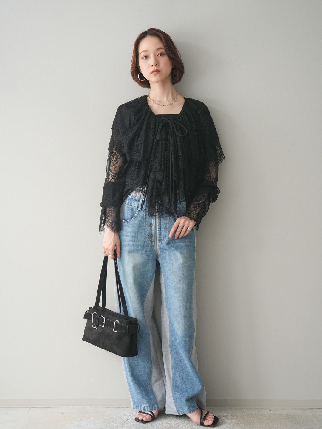 [SET]ビックカラーラッフルレーストップス+デニム切替スウェットパンツ(2set)