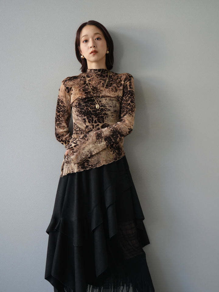 [予約]アシンメトリーアニマル柄シアートップス/ブラウン