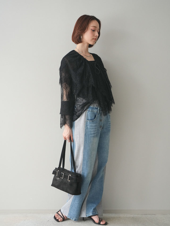 [SET]ビックカラーラッフルレーストップス+デニム切替スウェットパンツ(2set)