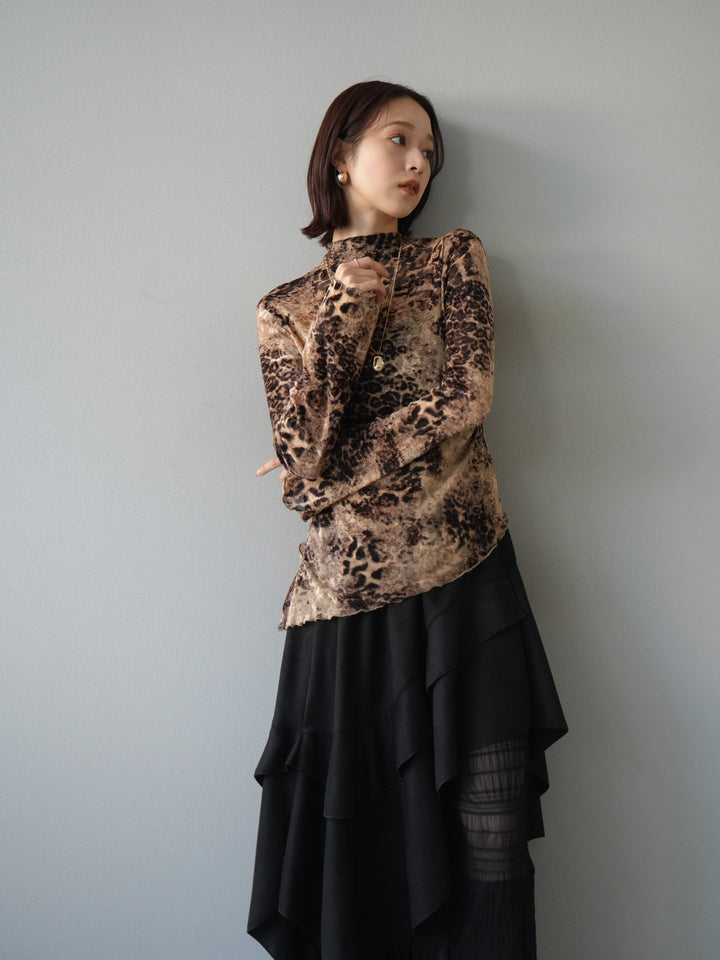 [予約]アシンメトリーアニマル柄シアートップス/ブラウン