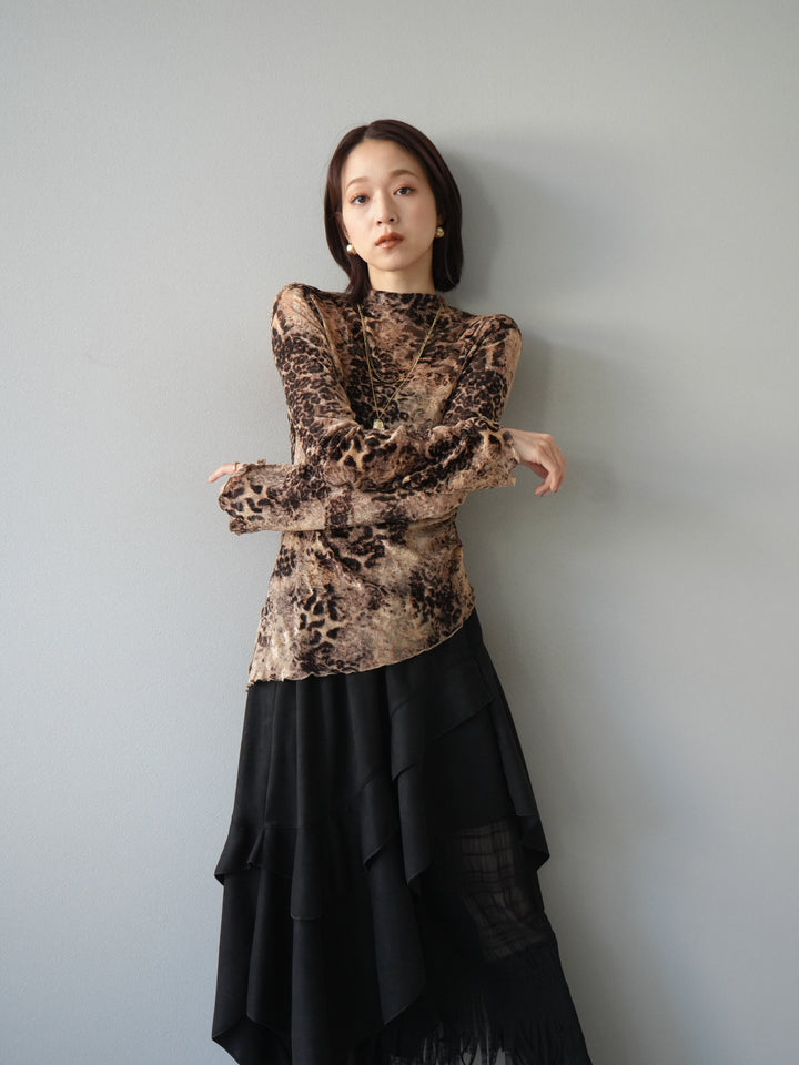 [予約]アシンメトリーアニマル柄シアートップス/ブラウン