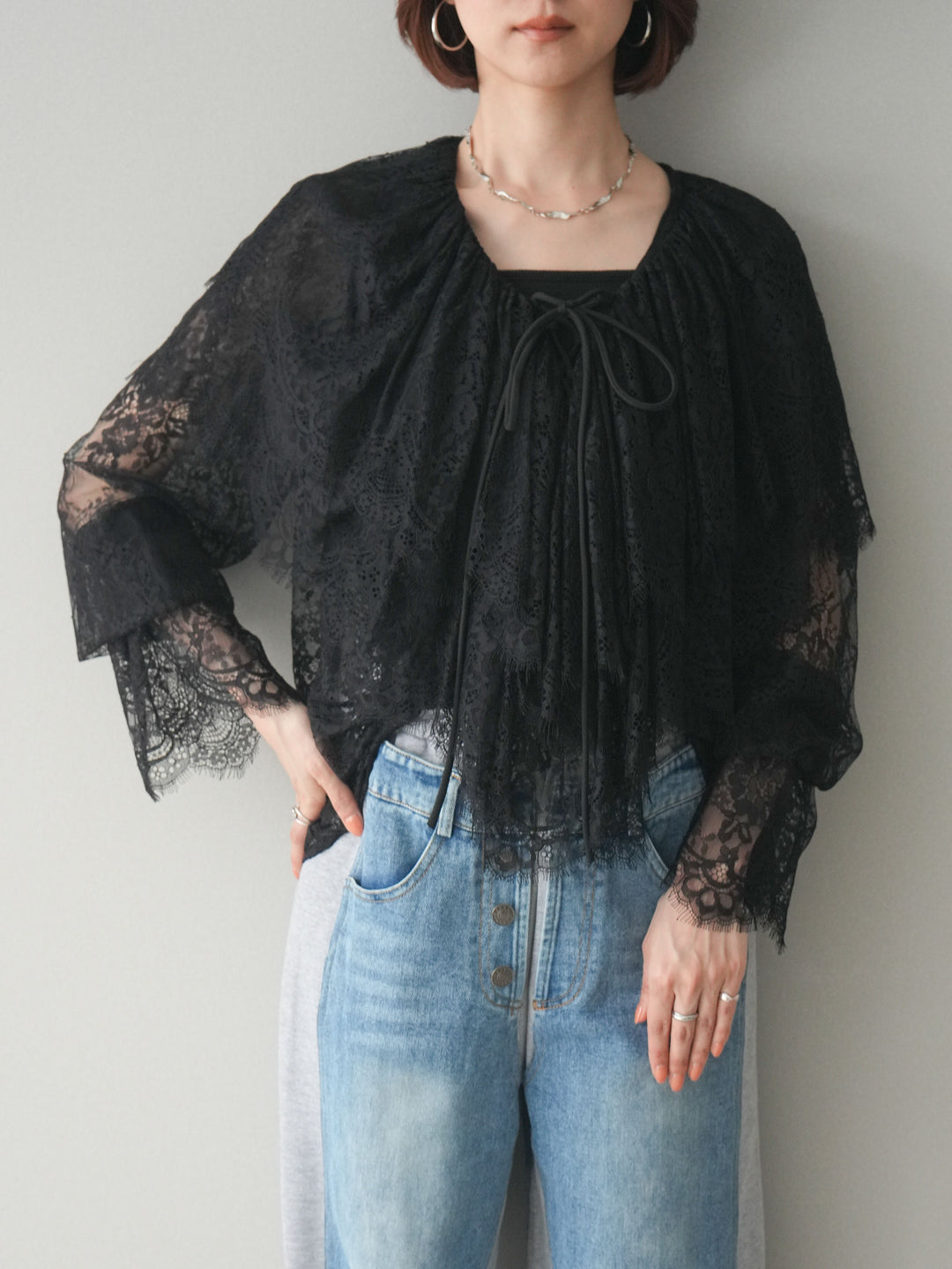 [SET]ビックカラーラッフルレーストップス+デニム切替スウェットパンツ(2set)