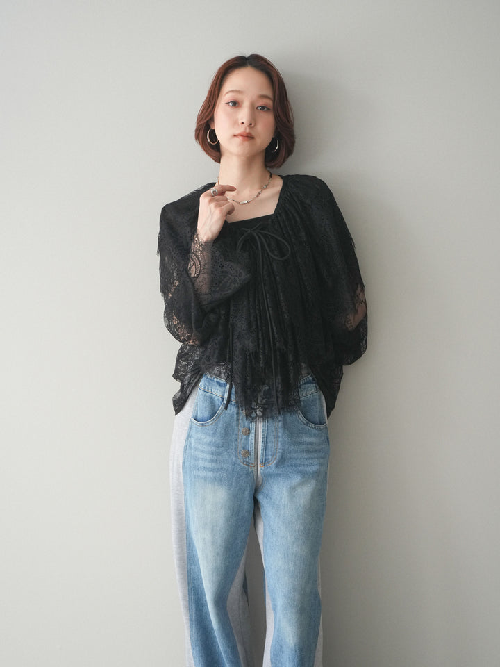 [SET]ビックカラーラッフルレーストップス+デニム切替スウェットパンツ(2set)