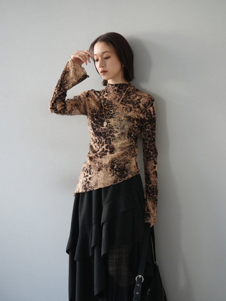 [予約]アシンメトリーアニマル柄シアートップス/ブラウン