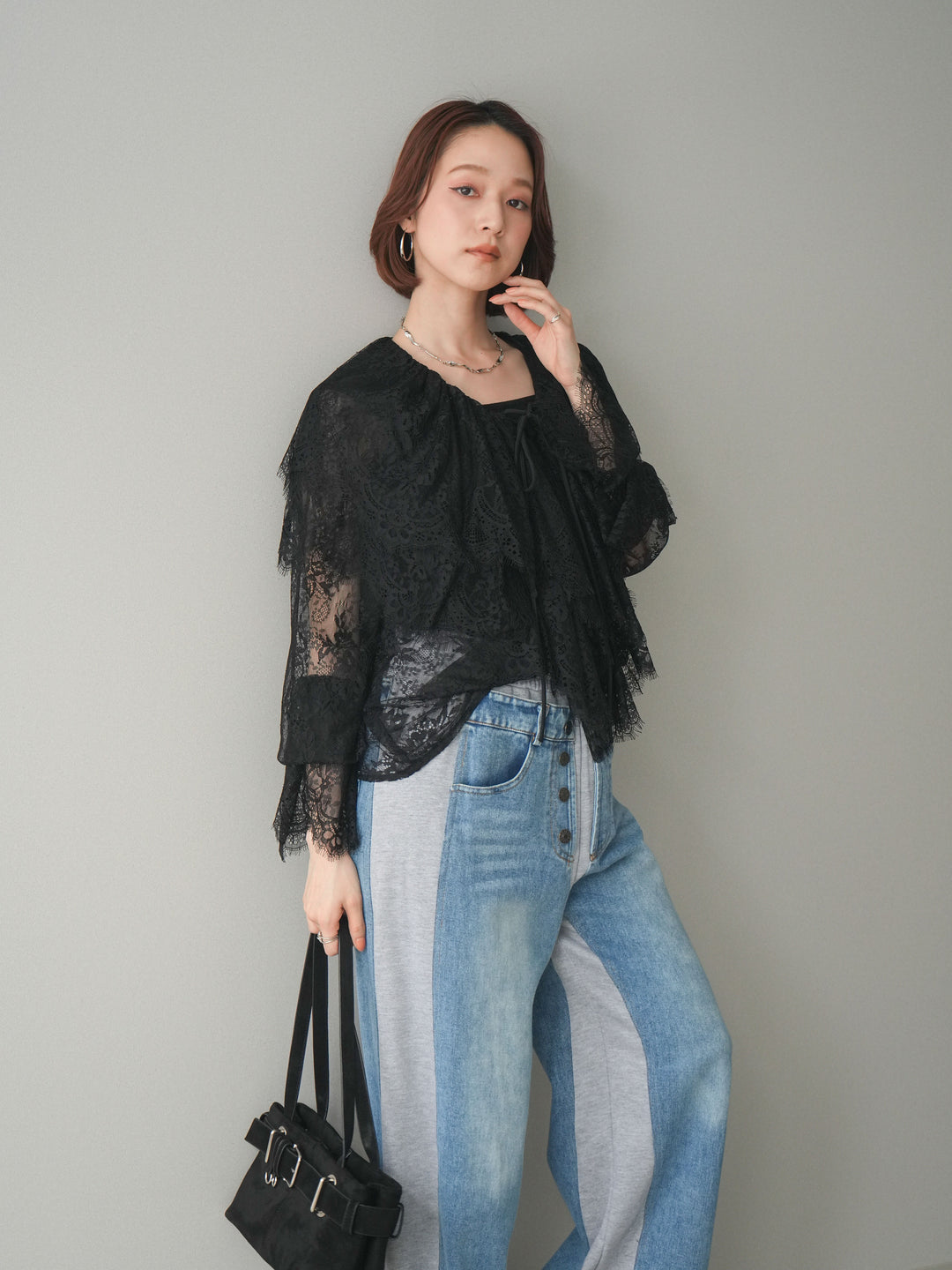 [SET]ビックカラーラッフルレーストップス+デニム切替スウェットパンツ(2set)