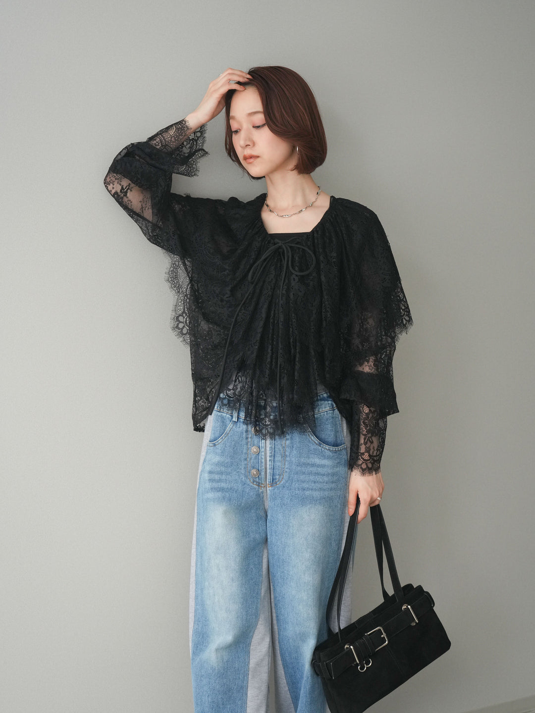 [SET]ビックカラーラッフルレーストップス+デニム切替スウェットパンツ(2set)