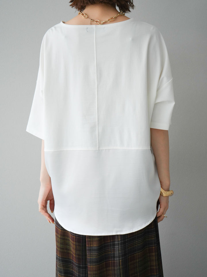 [予約]異素材メタリックロゴ刺繍×プリントTシャツ/オフ