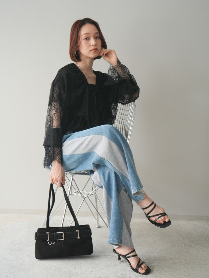 [SET]ビックカラーラッフルレーストップス+デニム切替スウェットパンツ(2set)