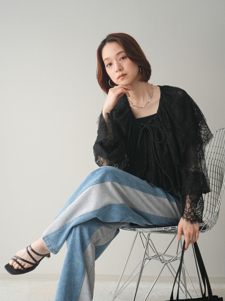 [SET]ビックカラーラッフルレーストップス+デニム切替スウェットパンツ(2set)