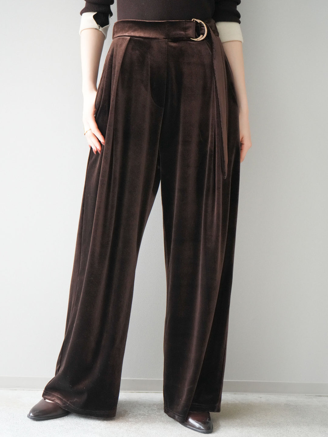 [予約]ベロアベルトスリムパンツ/brown