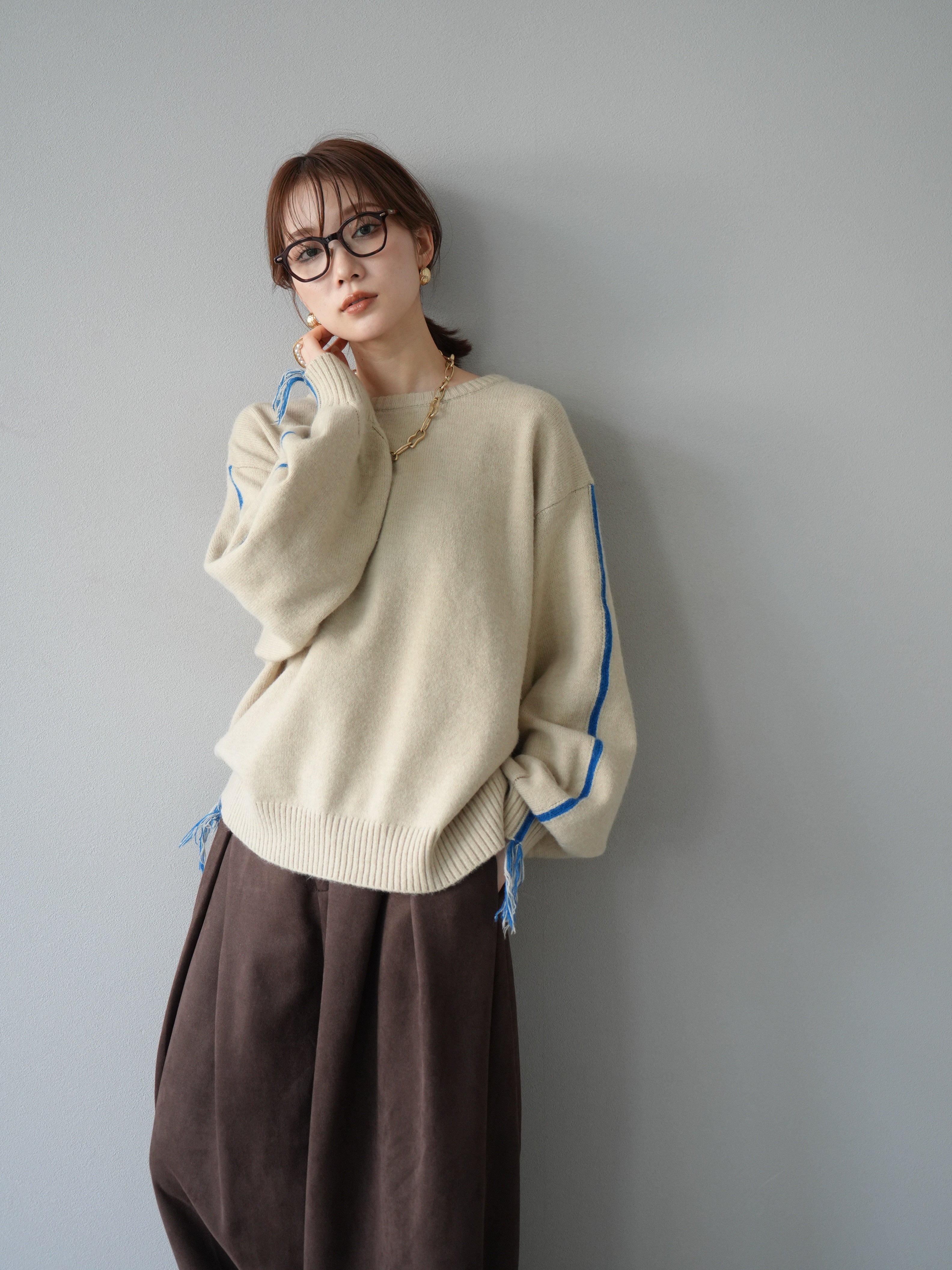 SET]配色ステッチフリンジニットプルオーバー +配色ステッチ
