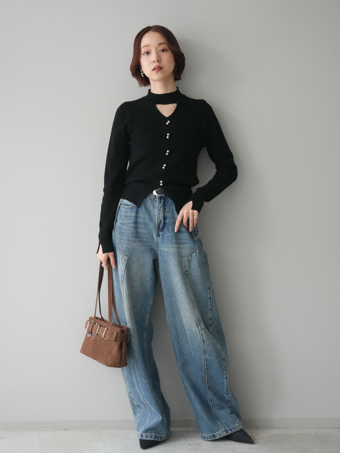 [予約]ベルト付3Dカーブデニムパンツ/blue