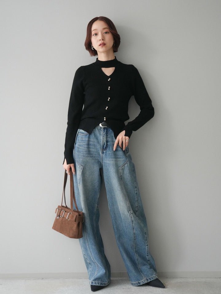 [予約]ベルト付3Dカーブデニムパンツ/blue