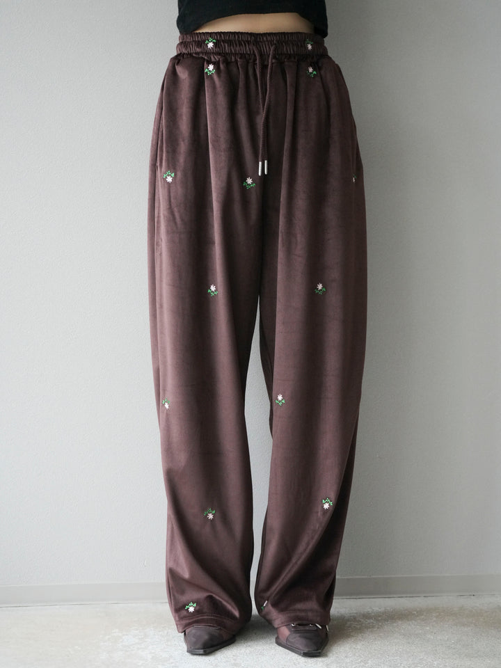 [予約]フラワー刺繍イージーパンツ/ブラウン