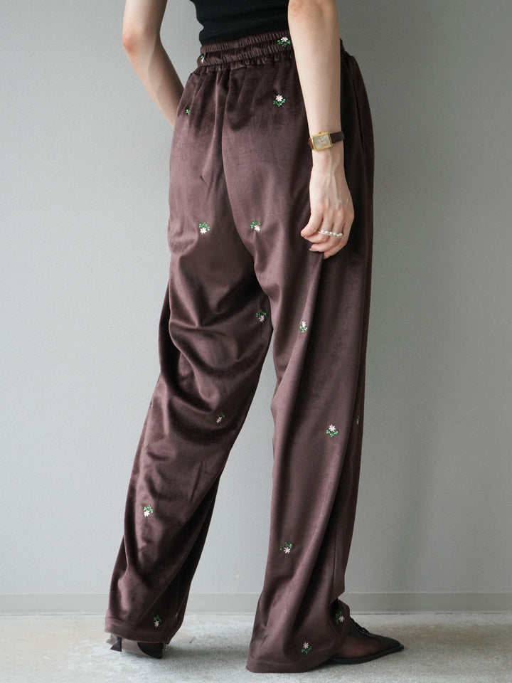 [予約]フラワー刺繍イージーパンツ/ブラウン
