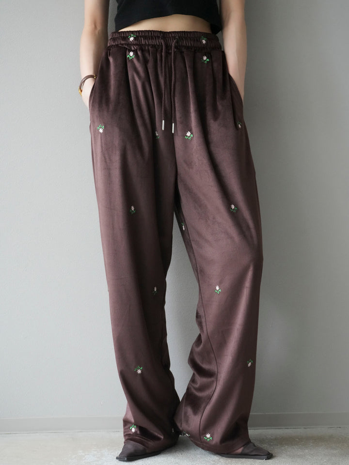 [予約]フラワー刺繍イージーパンツ/ブラウン