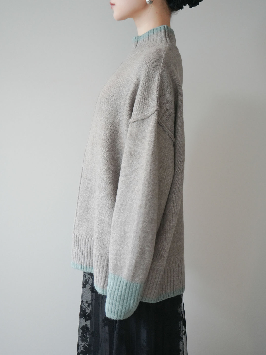 [予約]配色ハイネックニットプルオーバー/mosugraymint