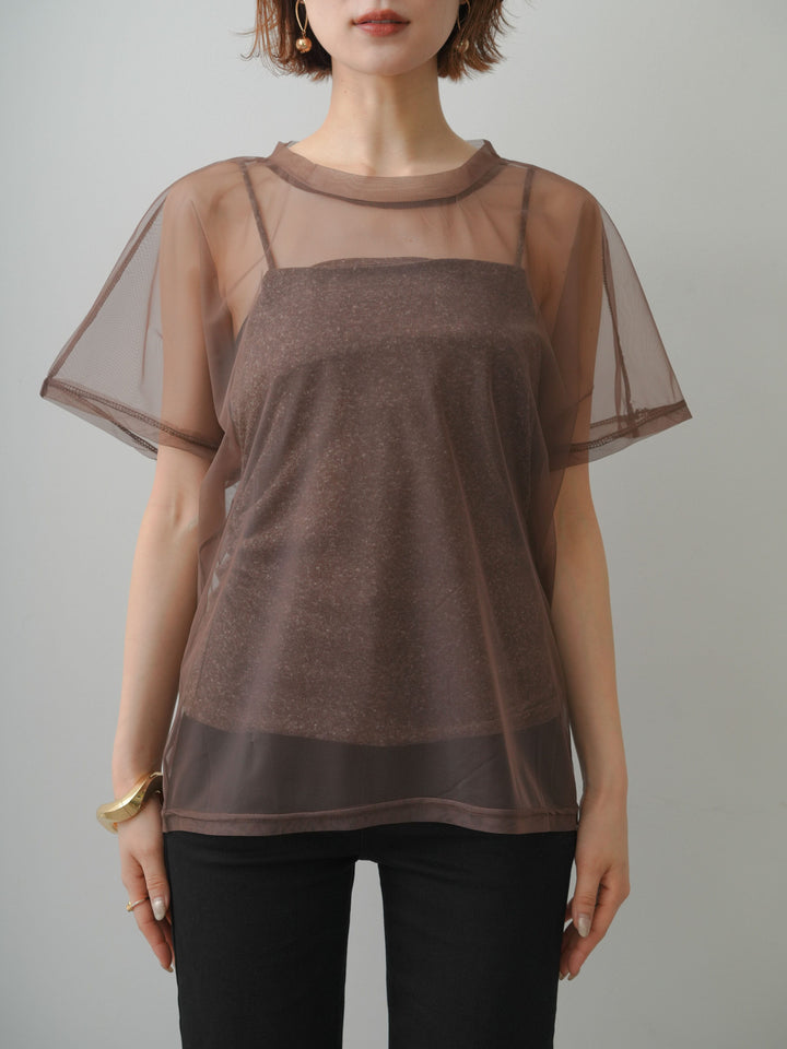 [予約]インナーキャミ付シアーオーバーTEE/mocha
