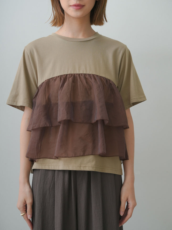 [予約]オーガンジーフリルドッキングTEE/olive