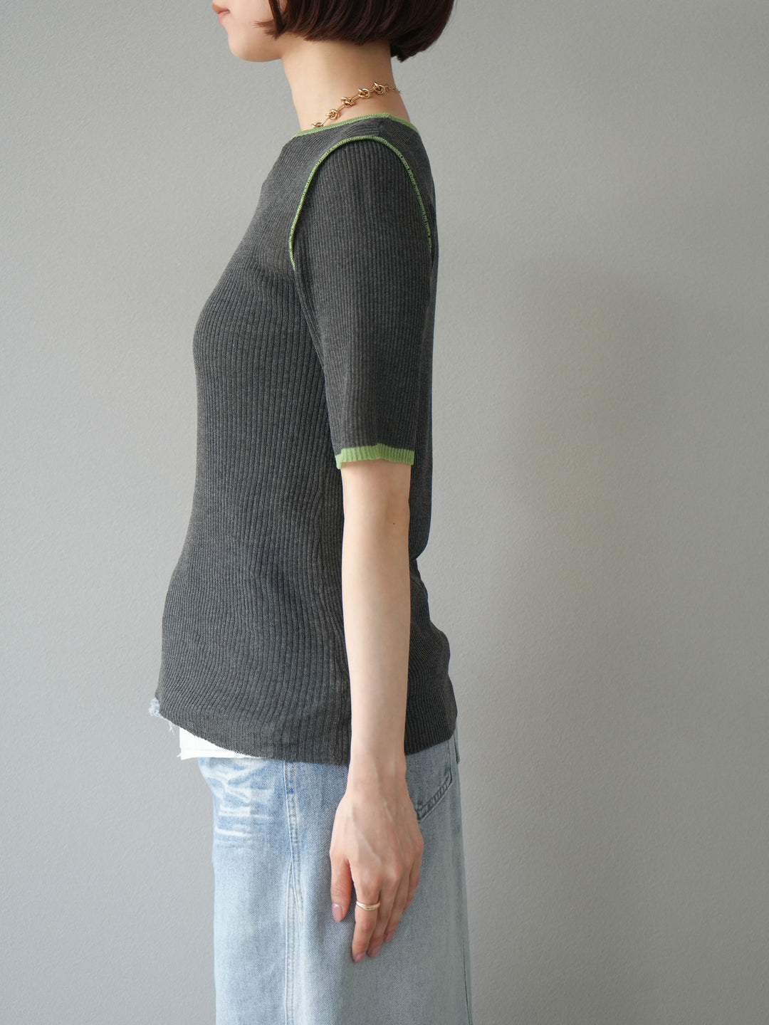 [予約]麻タッチ配色ニットハーフスリーブトップス/チャコール