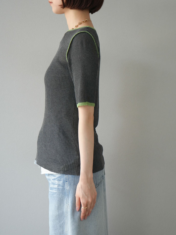 [予約]麻タッチ配色ニットハーフスリーブトップス/チャコール